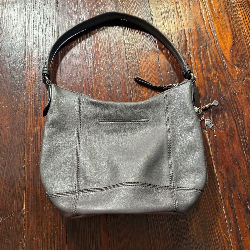 The Sak Hobo Shoulder Bag Purse Grey Leather Front Zip Charm Accent - EUC - Picture 4 of 10